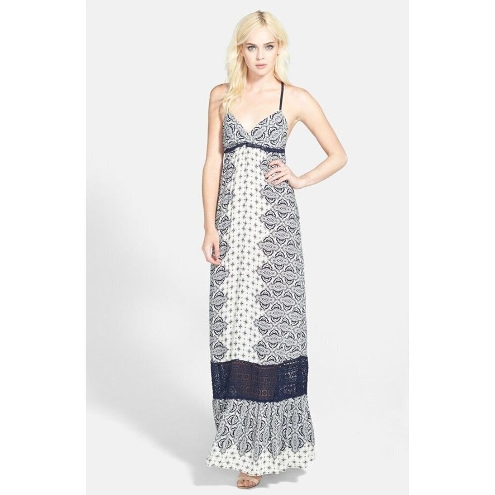 NWT Gypsy 05 Casablanca in Navy Rayon Voile Triangle X-Back Maxi Dress XS $210
